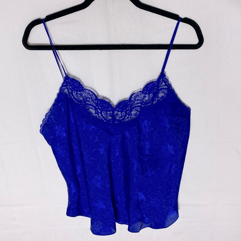 Vintage Silhouettes Blue Satiny Floral Lingerie Camisole Top W Lace Trim M